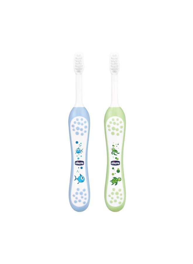 Chicco Baby Manual Toothbrush For Infants (6M-36M), Set Of 2|Extra Soft Tapered Bristles Ideal For Milk Teeth|Bpa Free (Blue, Green) - Image 1